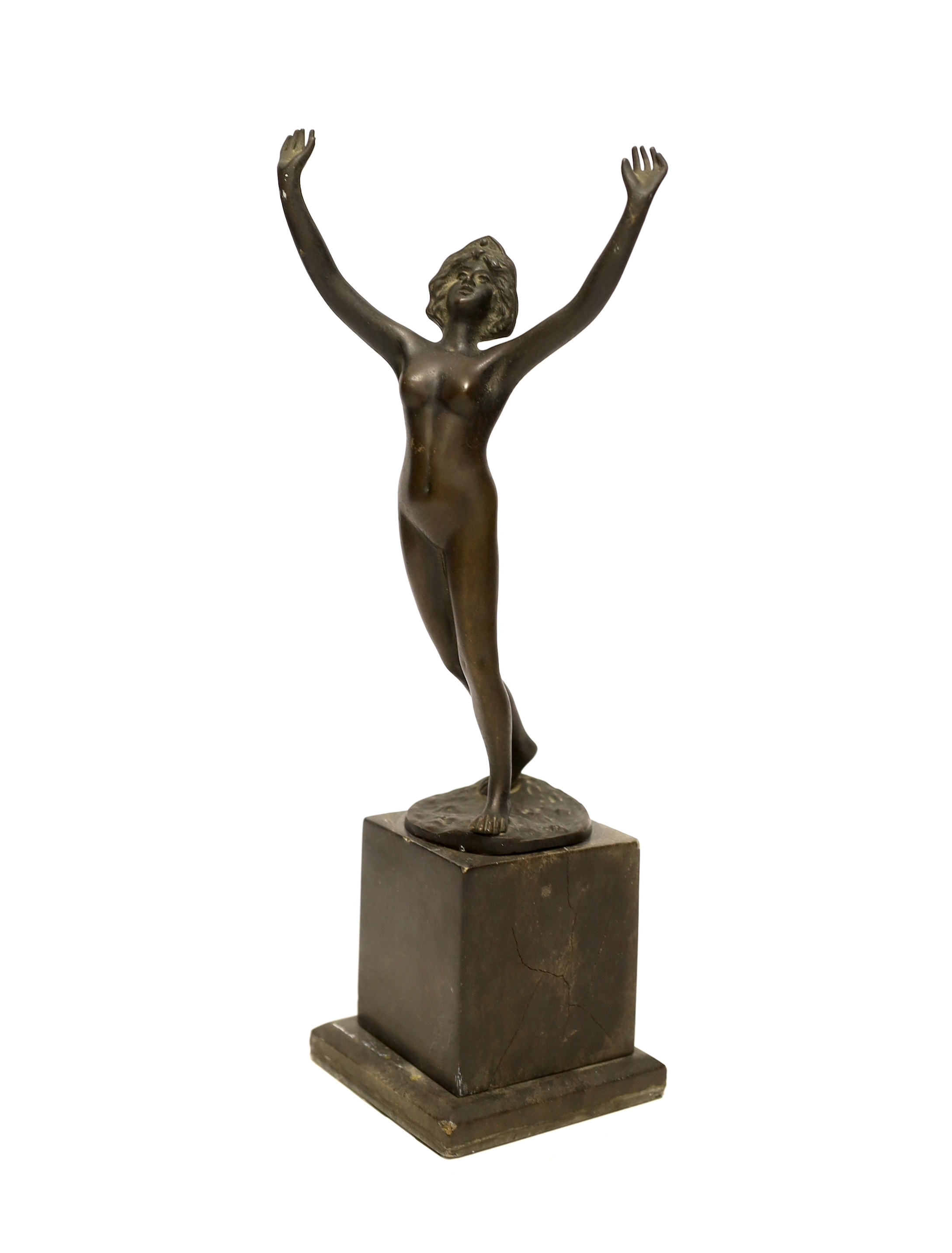 Remi Palmier (19th/20th. C), an Art Deco bronze of a nude lady, raised on square pedestal base, signed, 30cm high